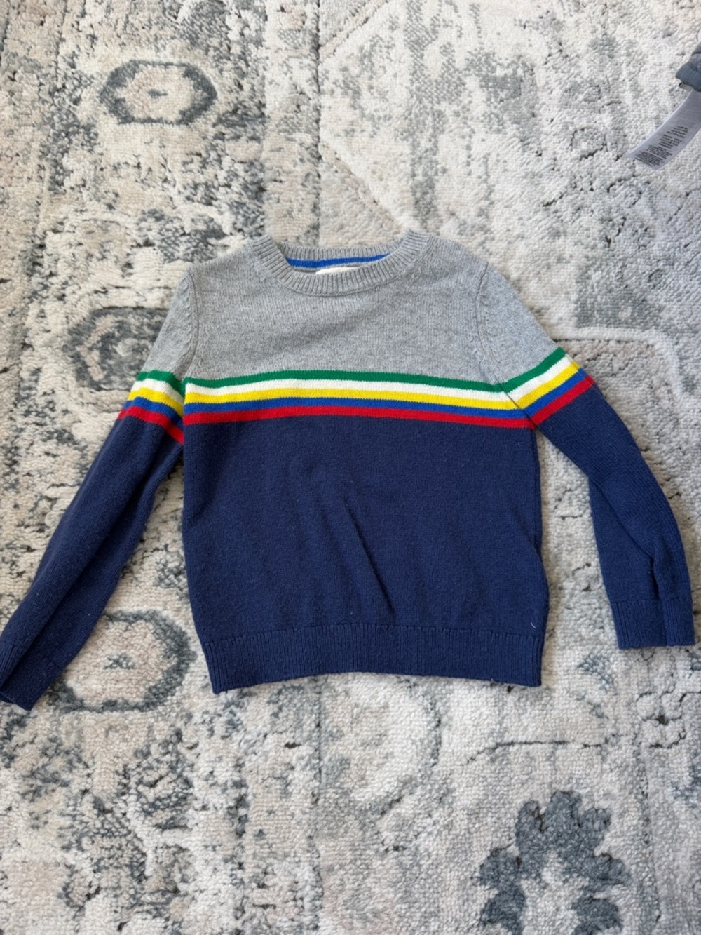 Mini Boden Navy and Gray Crewneck Sweater with Rainbow Stripes